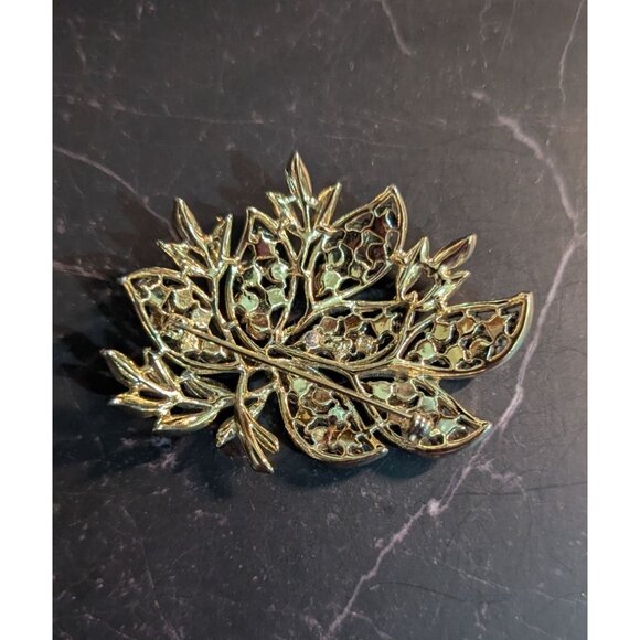 Gold-Tone Leaf Tree Brooch With Aurora Borealis Rhinestones Pin - Picture 5 of 6